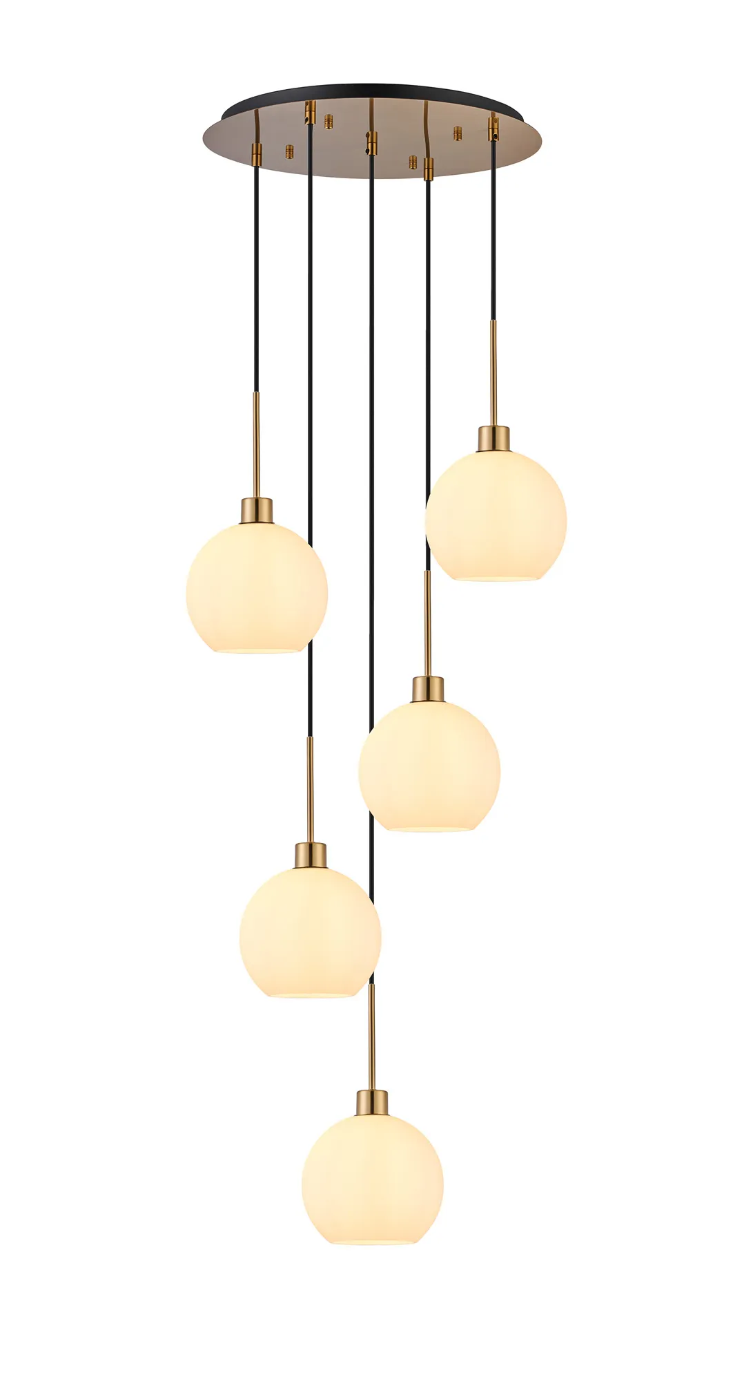 DK1194  Lori 45cm Round Pendant, 5 Light Adjustable E27, Antique Gold/Opal Open Mouth Round Globe Shades